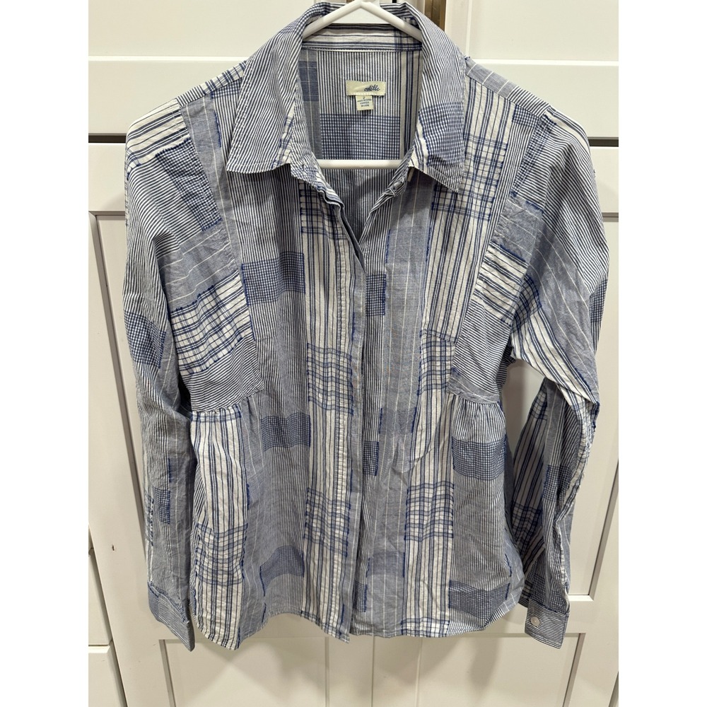 Odille Anthropologie Blue White Patchwork Stripe Button Down Shirt‎ Size 2